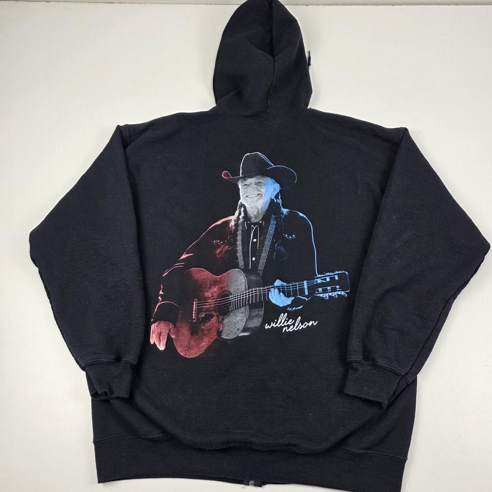 Willie Nelson Hoodie Mens Large Black Full Zip Live In Concert Fleece Graphic